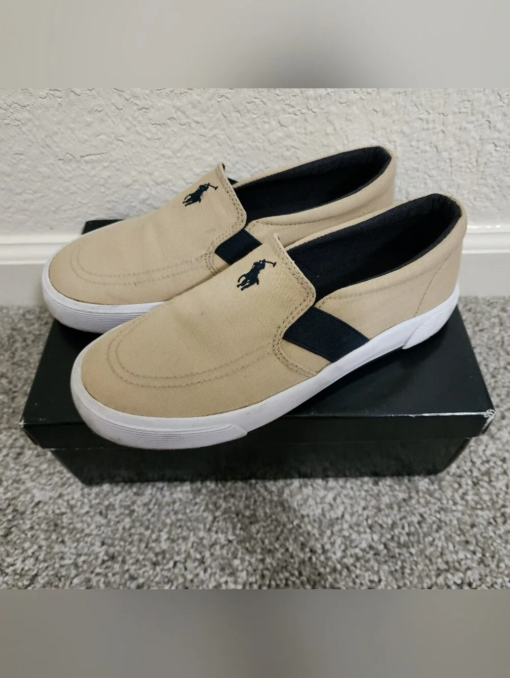 Polo by Ralph Lauren Beige Canvas Slip-On Loafers with Navy Trim
